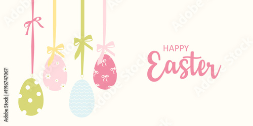 Happy Easter greeting card design featuring a hanging decorative eggs and ribbon bows