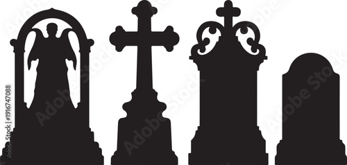 Four Black Silhouettes of Haunted Graveyard Including Angel Statue and Crosses