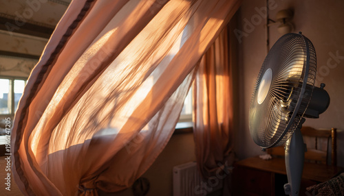 Electric portable fan creating gentle airflow on soft orange fabric curtain near window bringing cool breeze relief in summer heat inside cozy home room atmosphere