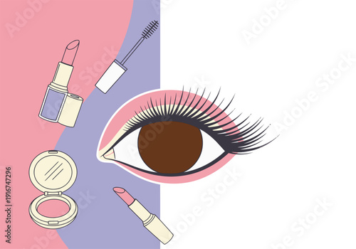 Celebrate beauty! A vibrant graphic showcases makeup icons ? mascara, lipstick, eyeshadow ? alongside a dramatic eye. Perfect for beauty marketing and promotions.