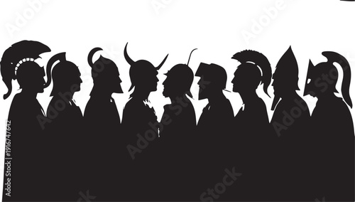 Silhouettes of warriors with various helmets in a row