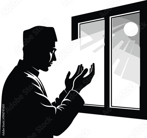 Muslim man praying near window silhouette islamic dua worship concept ramadan spirituality faith black vector illustration