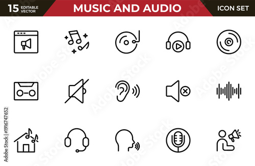 Music and Audio Outline Icon Set – Media, Streaming, Headphones, Radio and Cinema Line Vector Icons, Editable Stroke for Web and Mobile