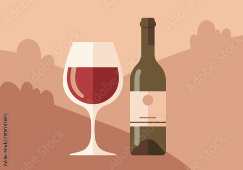A stylish wine bottle and glass against a scenic vineyard backdrop. Perfect for lifestyle, food, and beverage concepts. Clean, modern illustration.
