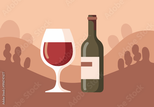 A stylish wine bottle and glass against a scenic landscape. Perfect for lifestyle, food, and beverage concepts.  Warm tones and inviting composition.