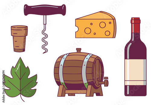 A vibrant collection of wine-related icons ? glass, grapes, bottle, corkscrew, cheese, barrel, and leaf ? creates a stylish wine greeting illustration. Perfect for branding and design.