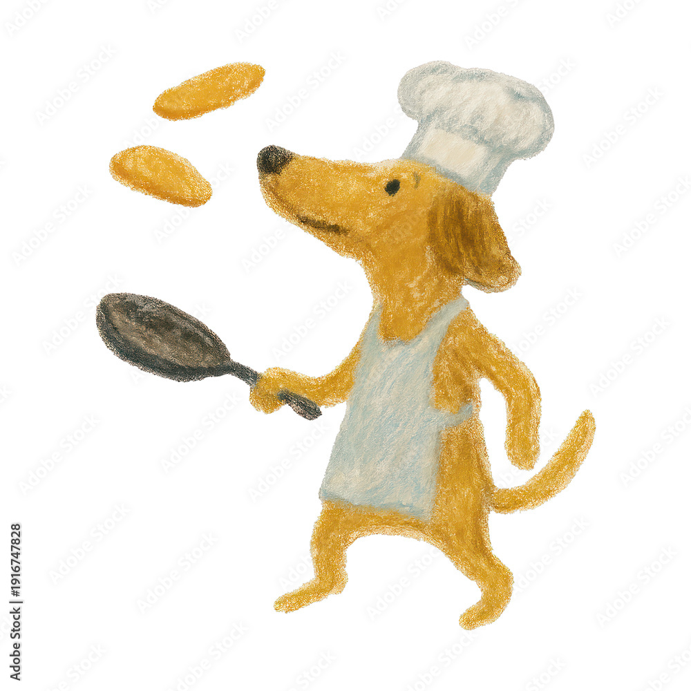 Fototapeta premium PNG Dog chef flipping pancakes illustration.