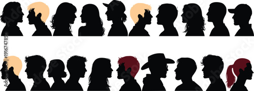 Set of diverse profile silhouettes with colored hair accents isolated on white background for social media community and identity concepts