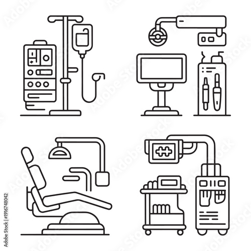 Medical equipment line icons monitors iv drips and hospital beds