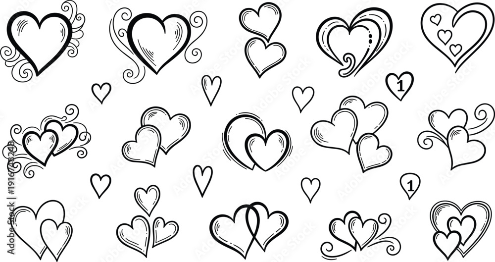 Fototapeta premium Collection of various hand-drawn black and white heart icons featuring decorative swirls, double hearts, nested shapes, and minimalist outlines isolated on white background