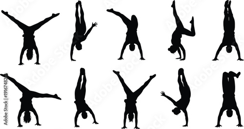 Black silhouettes of male and female gymnasts performing handstands and acrobatic poses isolated on white background for sports and fitness design