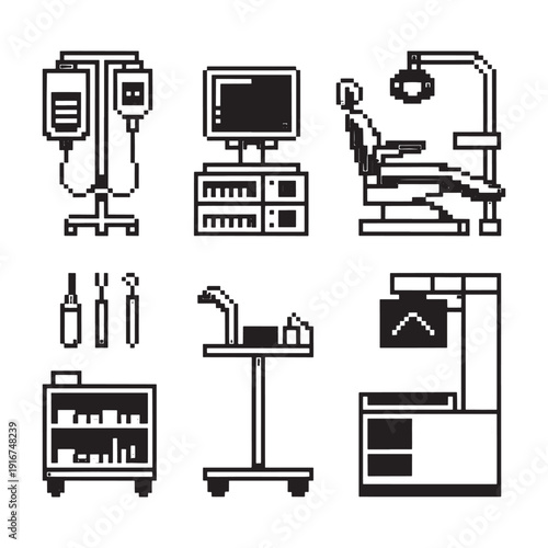 Medical equipment icons dental chair iv drip monitor and tools