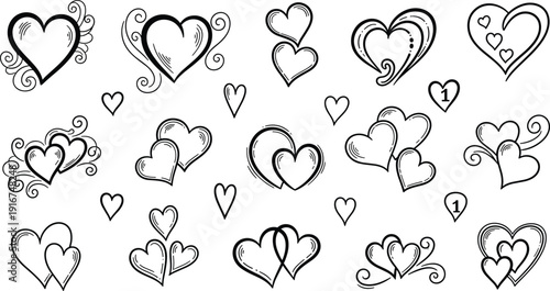 Collection of various hand-drawn black and white heart icons featuring decorative swirls, double hearts, nested shapes, and minimalist outlines isolated on white background