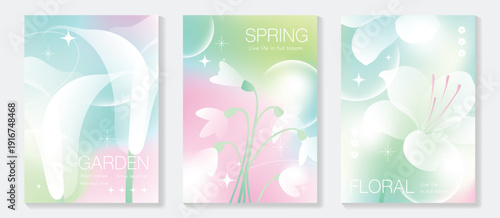 Spring flowers poster vector set. Botanical pastel gradient background and  white floral design for spring and summer sale ads, invitation backgrounds, cards, branding, packaging and wall decoration.
