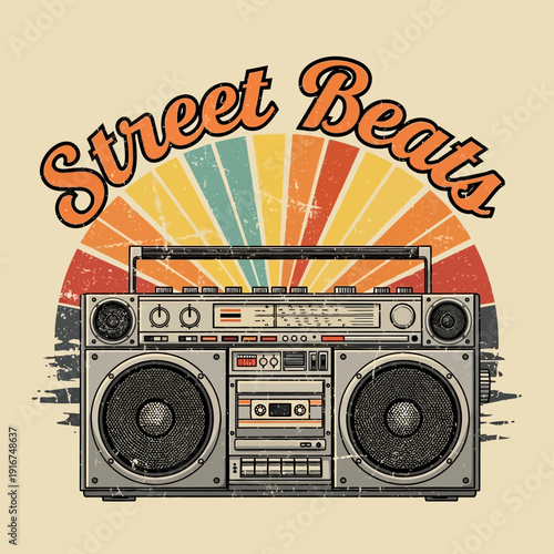 Retro Boombox 'Street Beats' Vintage Radio Cassette Player Sunset Graphic