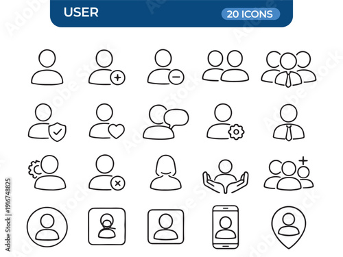 User Icon Set: A comprehensive collection of user icons, designed with clean lines and a modern aesthetic, ideal for websites, applications, and digital interfaces.