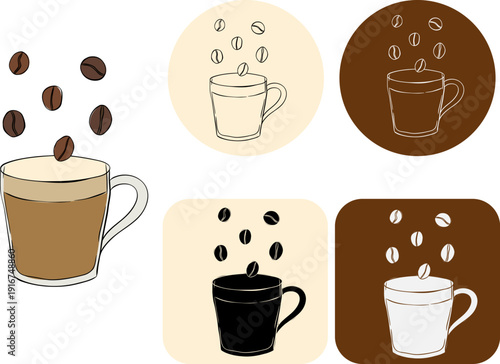 Coffee beans above a cup Cafe logotype hand drawn illustration. Vector graphic line ink art. Banner, poster, wrapping paper, sticker, print, modern textile design.