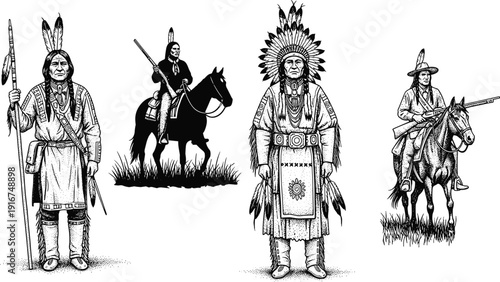 Black and white vector native American illustrations set with tribal warrior chief on horse for historical education logo and decoration