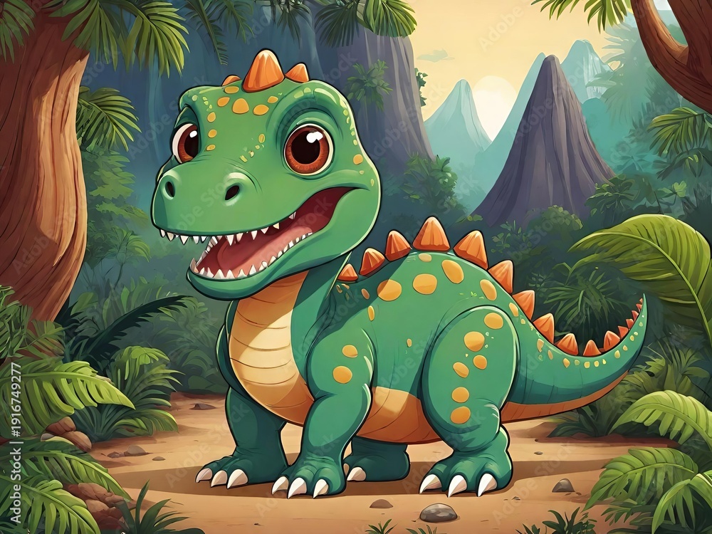 Obraz premium A vibrant digital illustration of a cute, cartoonish green dinosaur with orange spots and plates, standing in a lush prehistoric jungle with mountains and a sunrise in the background