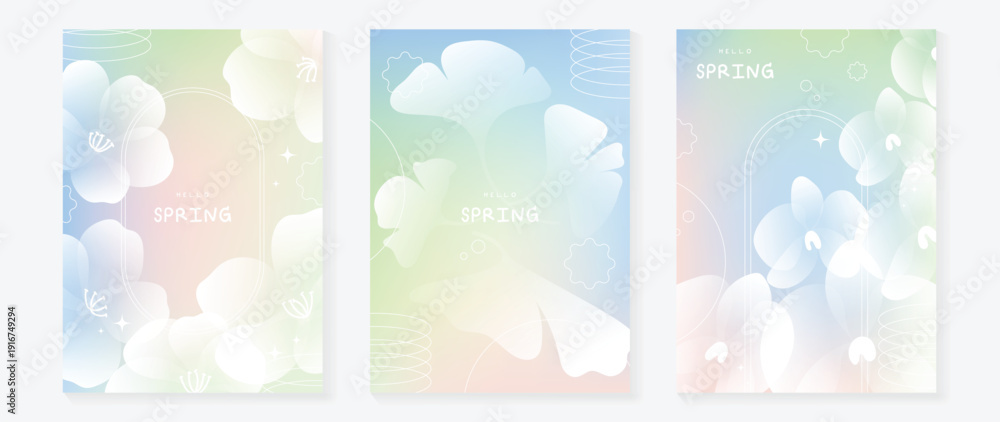 Obraz premium Spring flowers poster vector set. Botanical pastel gradient background and white floral design for spring and summer sale ads, invitation backgrounds, cards, branding, packaging and wall decoration.