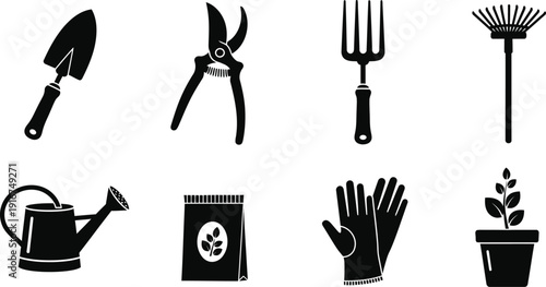 Gardening icon set for landscaping and gardening tools and supplies