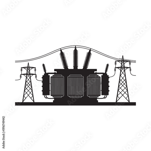 Black silhouette of a power transformer and electrical transmission towers