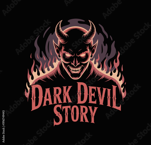 Evil Red Devil with Horns in Fire Flames, Mascot Logo Vector Illustration Isolated
