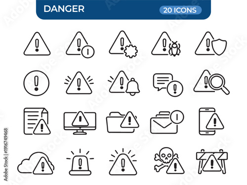 Danger Icons: A comprehensive set of danger icons, each representing a specific hazard, alert, or warning, perfect for visual communication.