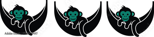 Black and teal vector monkey silhouettes relaxing in hammocks for kids nursery decoration playful animal mascot logo and travel stickers