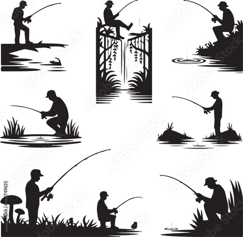 silhouette of people fishing in various poses on riverbank  recreational activity