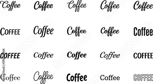 A collection of coffee logos and typography on a white background