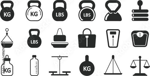 Weight scale and kettlebell silhouettes isolated on white background, measurement equipment icons collection, flat vector illustration design elements