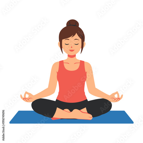 Young asian female practicing yoga in lotus pose on blue mat.