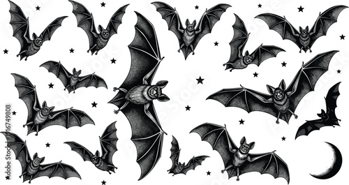 Black and white vector bat silhouettes flying in night sky with stars and crescent moon for halloween decoration and stickers