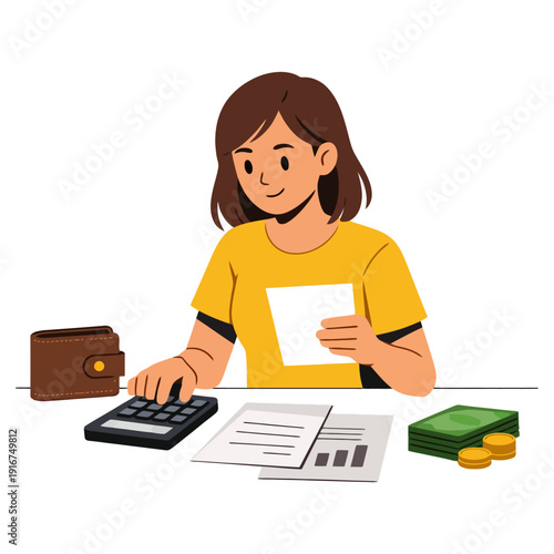Young asian female managing finances with calculator and documents.