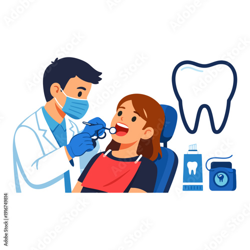 Female child at dentist with asian male dentist doctor performing dental examination.