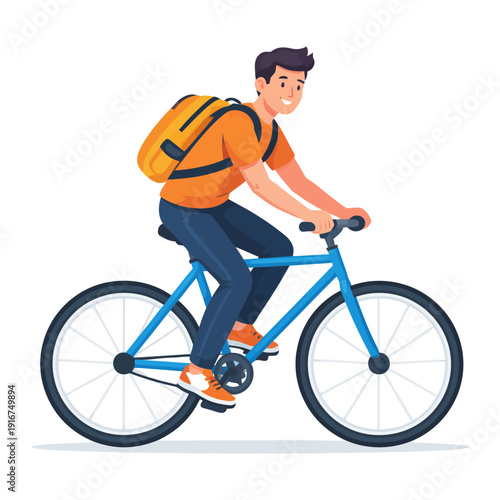 Young caucasian male riding bicycle with backpack in casual attire.