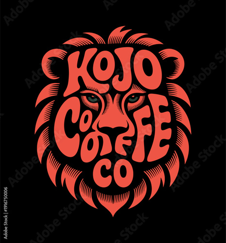 Lion Head Coffee Logo Illustration, Kojo Coffee Co Typography Flat Mascot Graphic Isolated