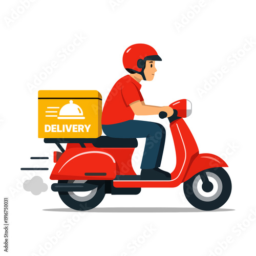Asian male young adult riding red scooter for food delivery service.