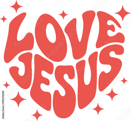 Love Jesus Heart Retro Typography, Christian Faith Quote Graphic, Flat Isolated Vintage Art