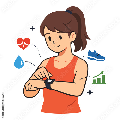 Asian female adult monitoring fitness progress with smartwatch and icons.
