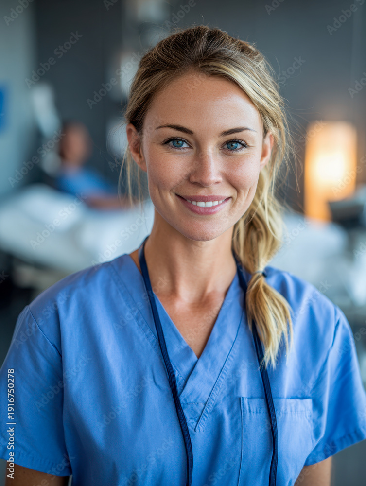 Fototapeta premium Friendly female nurse in blue scrubs smiling confidently while standing in hospital room with patient bed and medical equipment in soft focus background