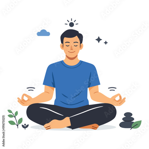 Asian young adult male meditating in nature with calm expression and peaceful surroundings.