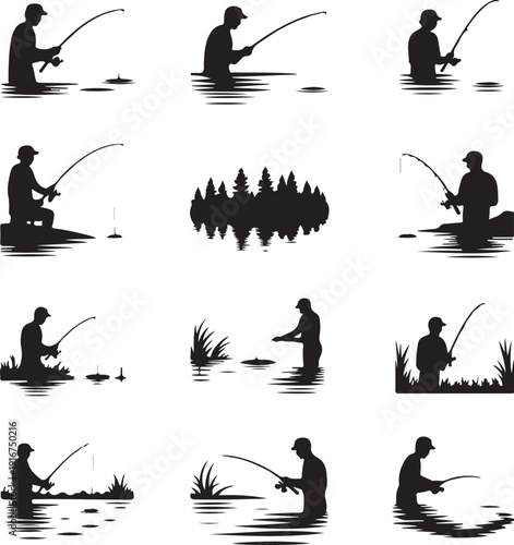 Silhouette of people fishing in various poses on water  recreational fishing
