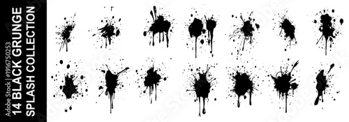 Grunge effect urban black paint splashes, blots. Dirty punk hand-drawn spray circles. Black splash set. 