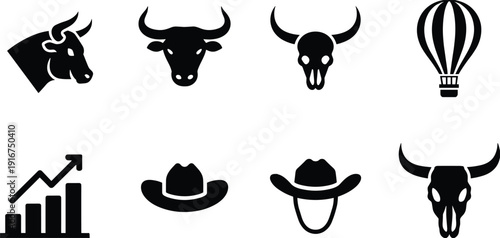 Western cowboy and bull skull silhouettes collection isolated on white background, ranch icons set, flat vector illustration design elements