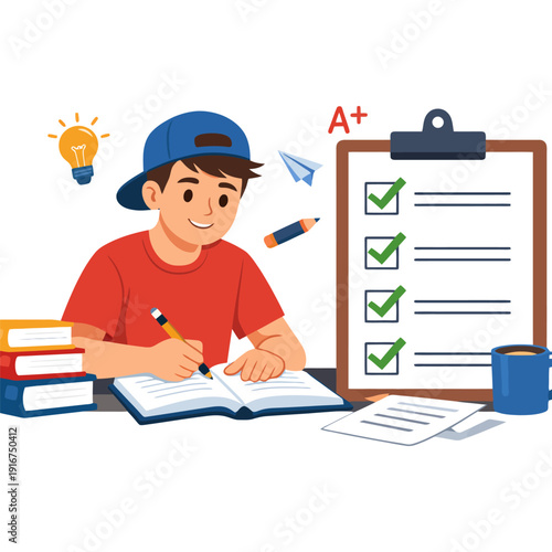 Young male student studying with books and checklist in educational setting.