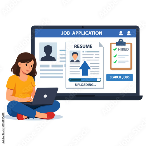 Young caucasian woman job hunting online with laptop and resume portal.