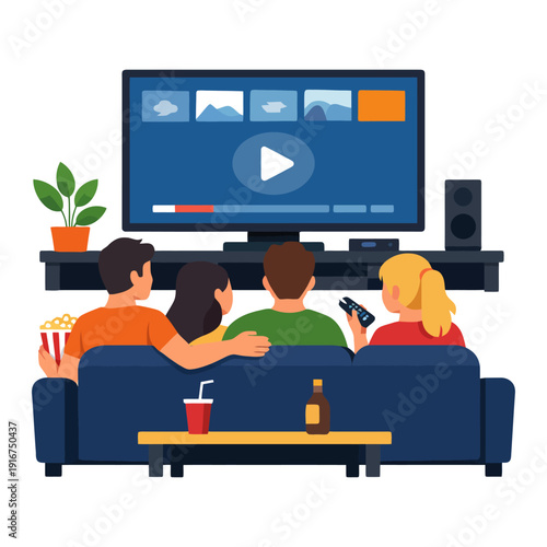 Family watching tv together: diverse group enjoying movie night at home.