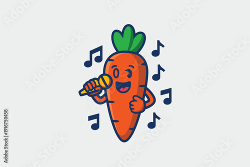 Bright cartoon carrot mascot singing with a microphone and musical notes